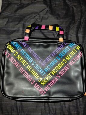 Victoria's Secret Black Train Case with Neon Pink, Yellow, Blue & Purple Logo